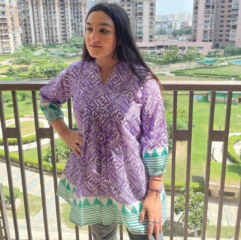 Handcrafted Purple Printed Cotton Tunic dress