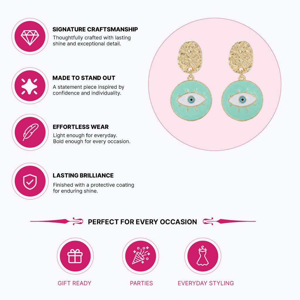 A promotional graphic for a pair of statement earrings on a light gray background. The earrings have gold-toned textured studs and round mint green drops featuring a stylized eye design.