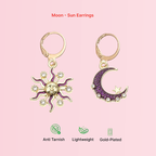 Moon and sun earrings on a pink background with product features listed.