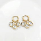 Gold earrings with white stones on a light gray background