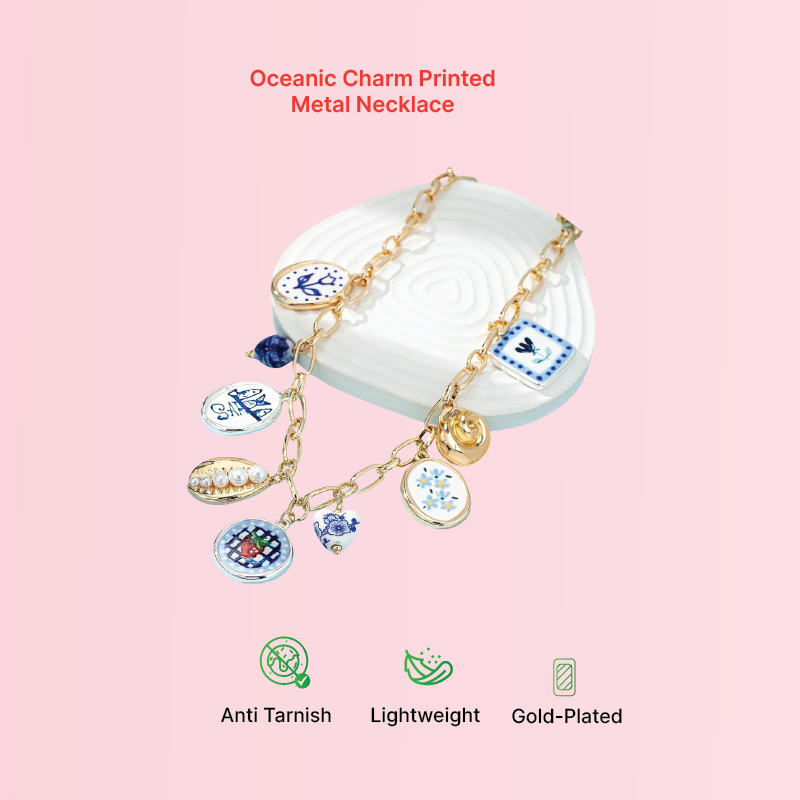 Oceanic Charm Printed Metal Necklace